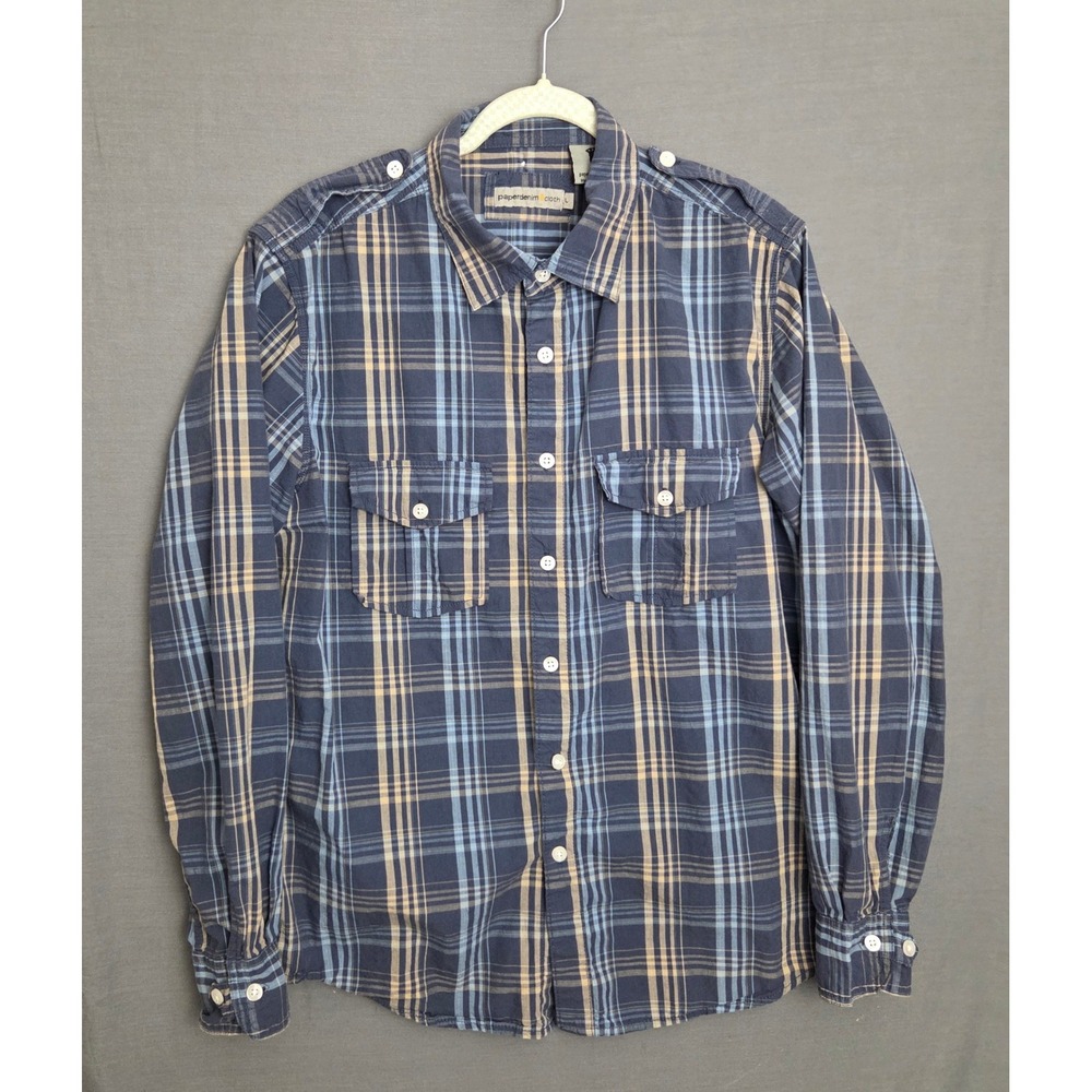 Y2K Paperdenim&cloth Mens Large Blue Plaid Button Down Shirt Epaulets Cotton L